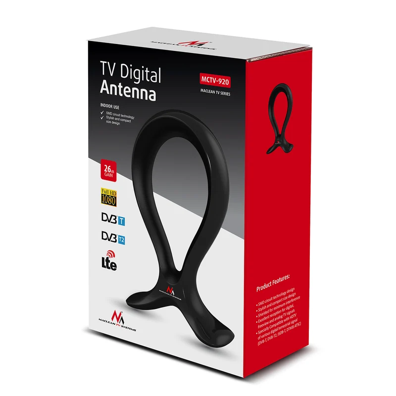 Maclean MCTV-920 TV-Antenn Inomhus 2in1 + Headset Cradle HDTV DVB-T/T2 HEVC LTE 100dBμV