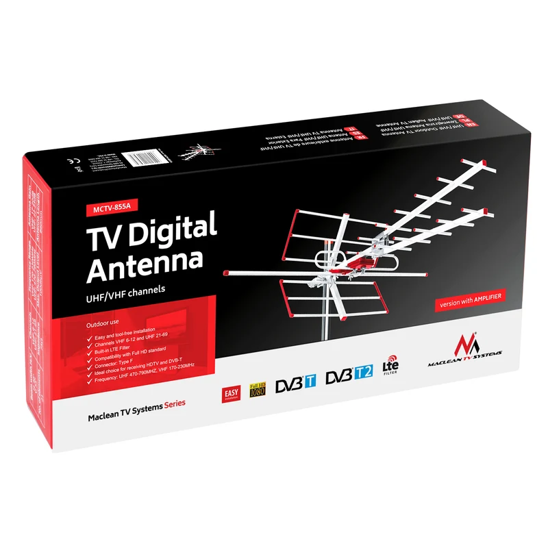 Maclean MCTV-855 Utomhus TV-Antenn DVB-T/T2 HEVC Combo UHF VHF Aktiv Max 100dBµV Lte Filter