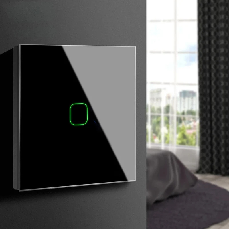 Maclean MCE716B Smart WiFi Touch strömbrytare kompatibel med Tuya APP väggströmbrytare glasbrytare med färgväxling LED-bakgrundsbelysning inbyggd strömbrytare 85 x 85 mm (1 x fyrkantig, svart)