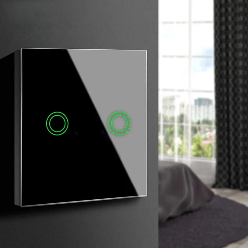Maclean MCE714B Smart WiFi 2-Vägs Touch-Strömbrytare Kompatibel Med Tuya APP Väggströmbrytare Glasomkopplare Med Färgväxling LED-Bakgrundsbelysning Infälld Strömbrytare 85 x 85 mm (2-Vägs Rund, Svart)