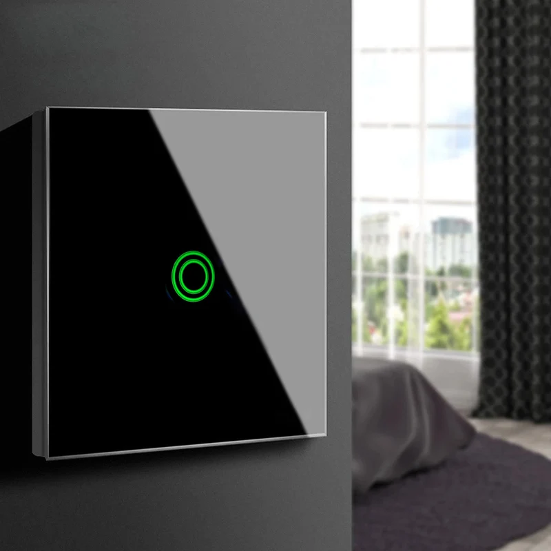 Maclean MCE715B Smart WiFi Touch Strömbrytare Kompatibel Med Tuya APP Väggströmbrytare Glasströmbrytare Med Färgväxling LED-Bakgrundsbelysning Inbyggd Strömbrytare 85 x 85 mm (1 Fack Rund, Svart)