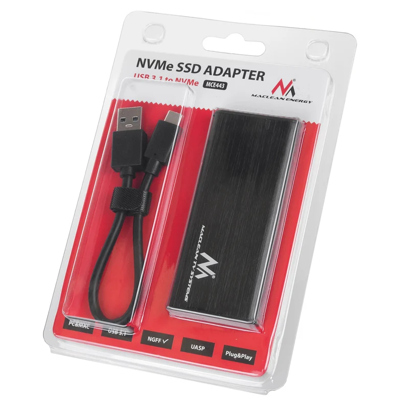 Maclean MCE443 NVMe SATA SSD M.2-Kapsling NVMe (PCIe), NGFF (SATA) Stöder USB 3.1 2230/2240/2260/2280 USAP Kompatibel Med PC Och Mac Aluminium Plug&Play Svart