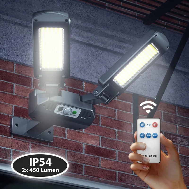 Maclean MCE447 Solcellsgatlampa Med Rörelse- Och Skymningssensor IP54 5W 2x 450 Lumen 6500K Två Ljuskällor Fjärrkontroll Solcellslampa Utomhusvägglampa Utomhusbelysning 3 Ljuslägen