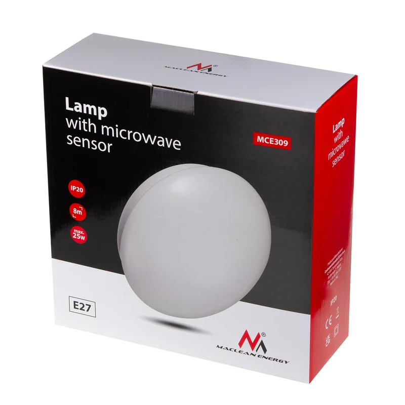 Maclean MCE309 ceiling lamp with a built-in sensor. It features a microwave sensor, PMMA diffuser, and supports a maximum load of 25W. Rated IP20, it ensures durability and reliability.