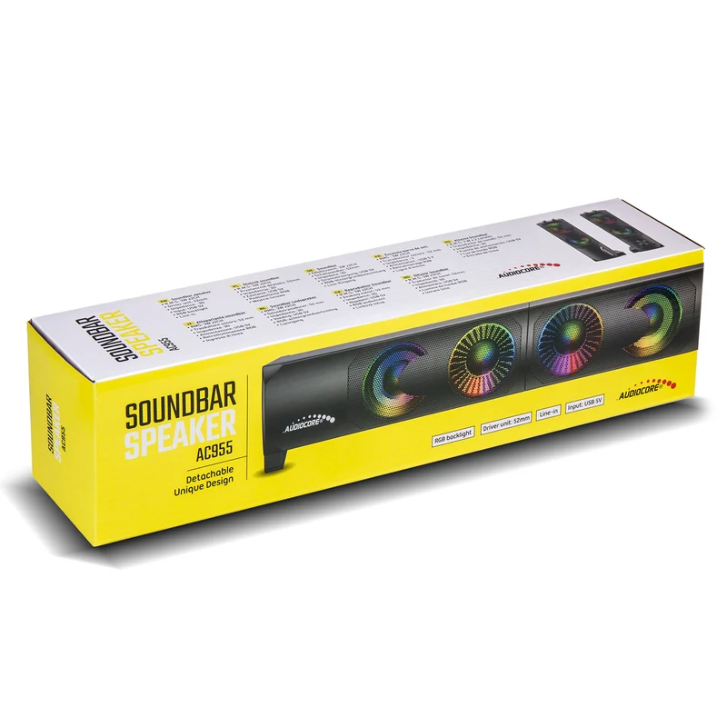 Audiocore AC955 2 i 1 2.0 PC-Högtalare Med Soundbar-Funktion RGB-Bakgrundsbelysning Stereohögtalare 2x3W RMS AUX 3,5 mm USB-Driven