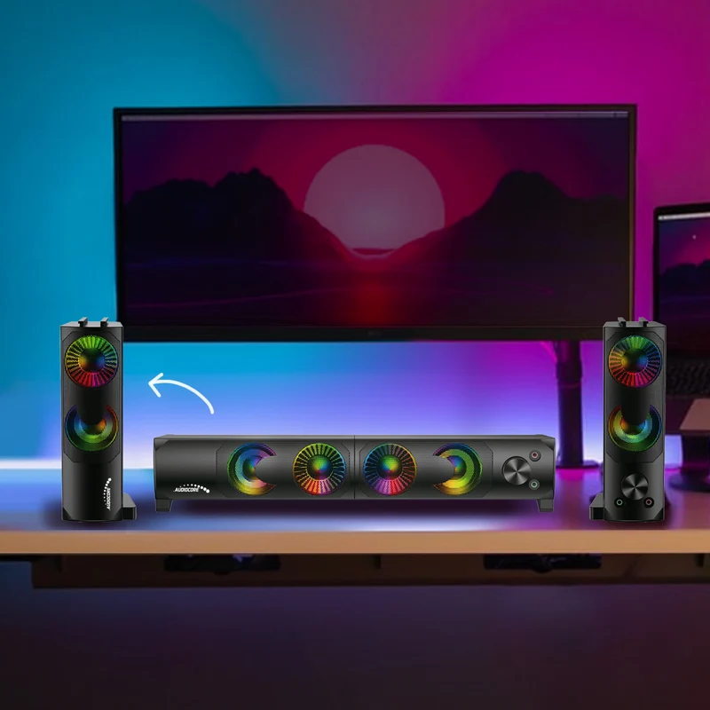 Audiocore AC955 2 i 1 2.0 PC-Högtalare Med Soundbar-Funktion RGB-Bakgrundsbelysning Stereohögtalare 2x3W RMS AUX 3,5 mm USB-Driven