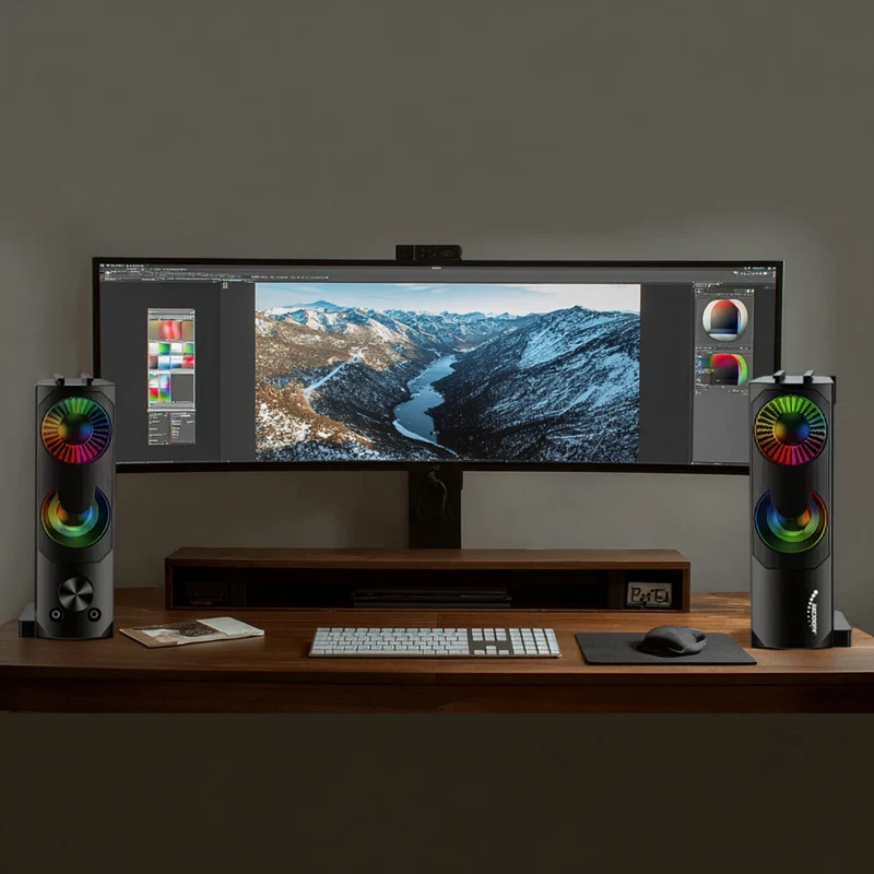 Audiocore AC955 2 i 1 2.0 PC-Högtalare Med Soundbar-Funktion RGB-Bakgrundsbelysning Stereohögtalare 2x3W RMS AUX 3,5 mm USB-Driven