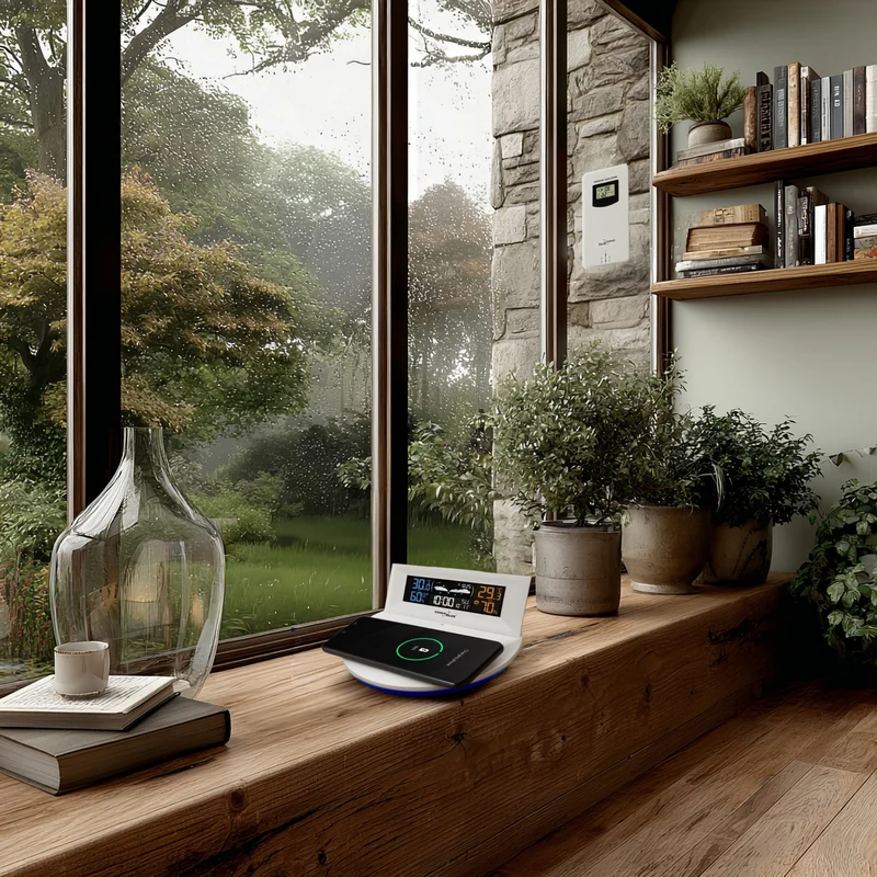 GreenBlue GB213 Trådlös Väderstation Med Trådlös Qi-Laddare Stämningsljus Väderprognos Kalender Väckarklocka Och Snooze-Funktion Extern Sensor Inomhus- Och Utomhustermometer Färgdisplay
