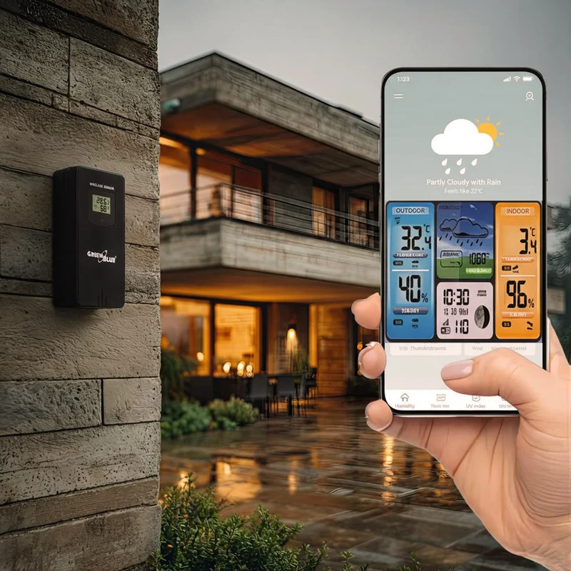 GreenBlue GB215 WiFi Väderstation Med Väderprognosapp Kompatibel Med TUYA Display 7 Språk Inomhus- Och Utomhustemperatur Månfasdisplay Datum- Och Dagvisning Väderprognosfunktion IPX4