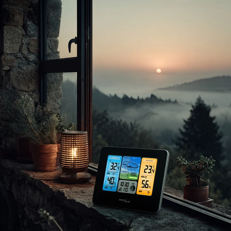 GreenBlue GB215 WiFi Väderstation Med Väderprognosapp Kompatibel Med TUYA Display 7 Språk Inomhus- Och Utomhustemperatur Månfasdisplay Datum- Och Dagvisning Väderprognosfunktion IPX4
