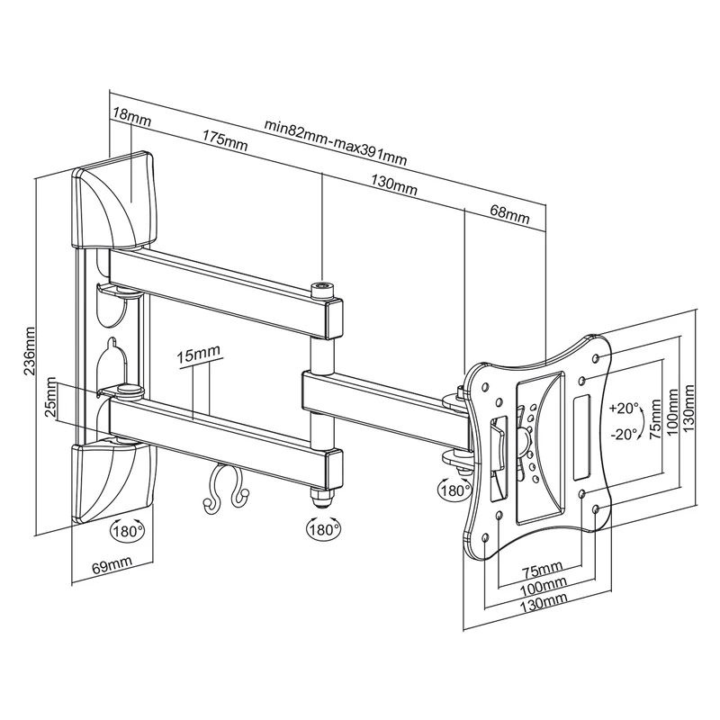 Maclean-fäste för TV eller bildskärm, universal, max vesa 100x100, 13-27", 15 kg, svart, MC-719