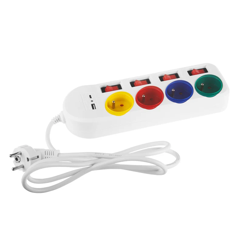Maclean grenuttag, förlängningskabel 4 uttag + USB A/C, med brytare, 250VAC/10A, 1,5m, vit, MCE508 W