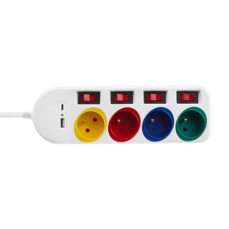 Maclean grenuttag, förlängningskabel 4 uttag + USB A/C, med brytare, 250VAC/10A, 1,5m, vit, MCE508 W