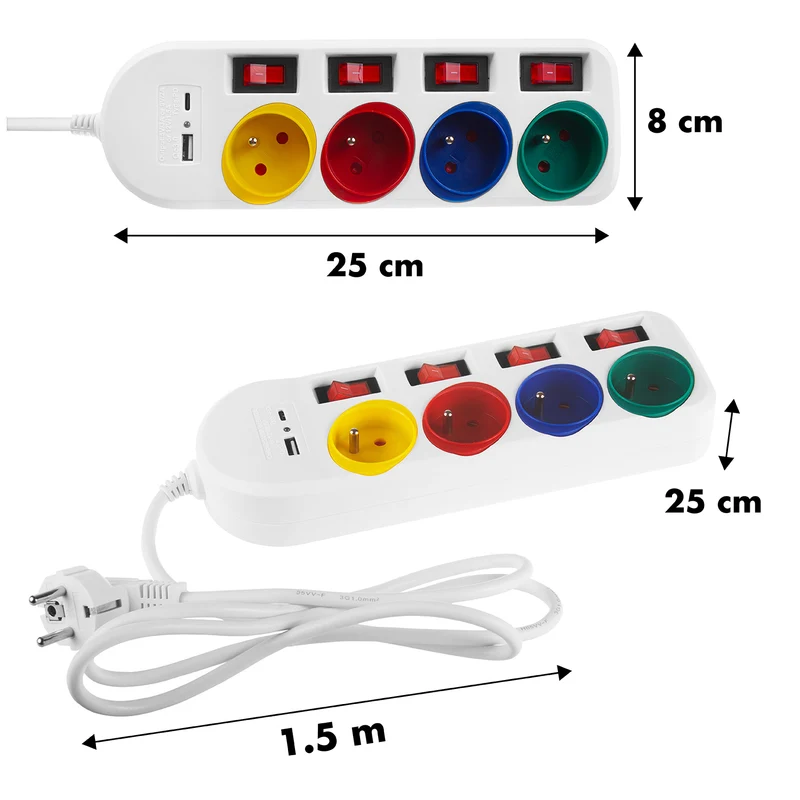 Maclean grenuttag, förlängningskabel 4 uttag + USB A/C, med brytare, 250VAC/10A, 1,5m, vit, MCE508 W