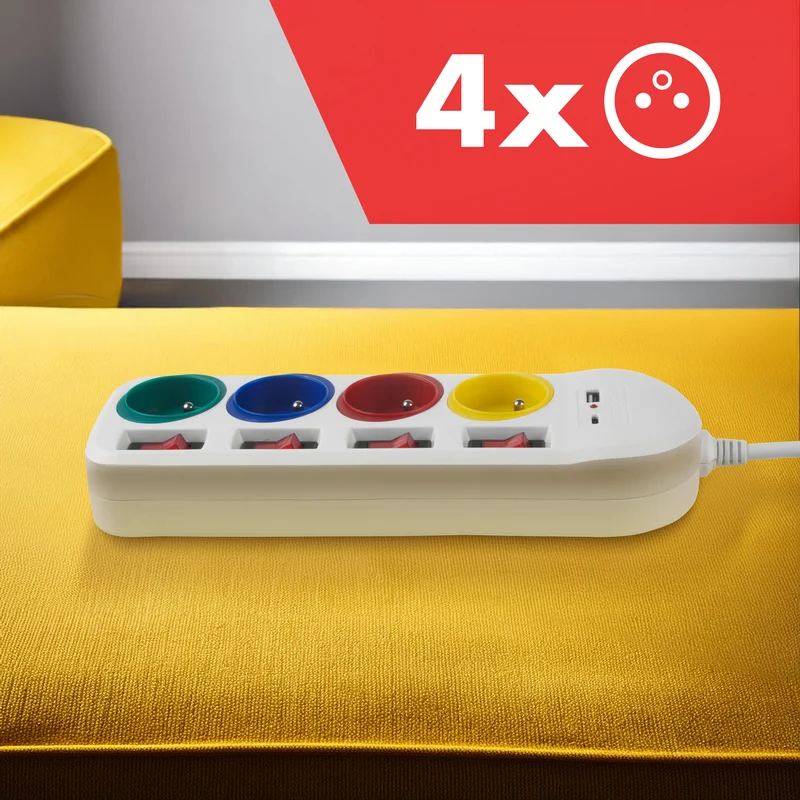 Maclean grenuttag, förlängningskabel 4 uttag + USB A/C, med brytare, 250VAC/10A, 1,5m, vit, MCE508 W