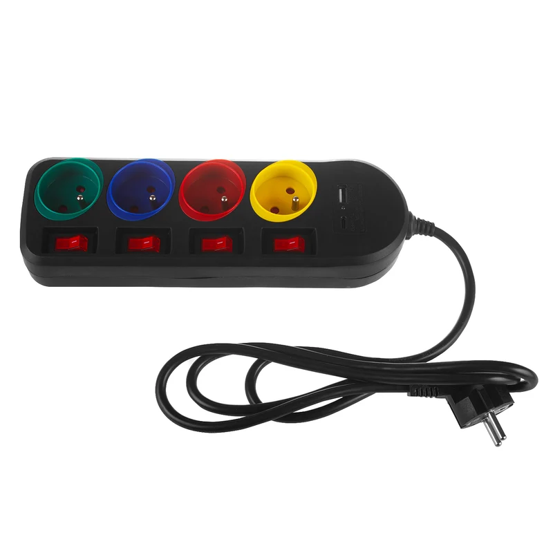 Maclean grenuttag, förlängningskabel 4 uttag + USB A/C, med brytare, 250VAC/10A, 1,5m, svart, MCE508 B