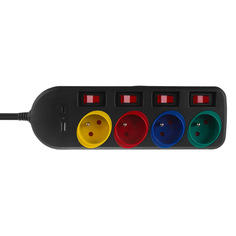 Maclean grenuttag, förlängningskabel 4 uttag + USB A/C, med brytare, 250VAC/10A, 1,5m, svart, MCE508 B