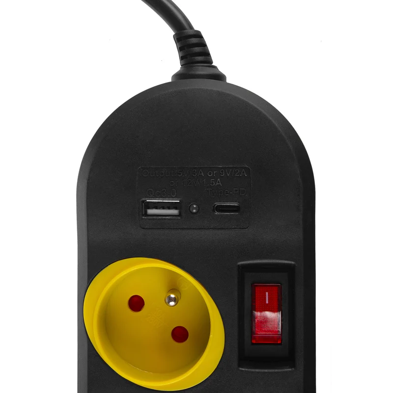 Maclean grenuttag, förlängningskabel 4 uttag + USB A/C, med brytare, 250VAC/10A, 1,5m, svart, MCE508 B