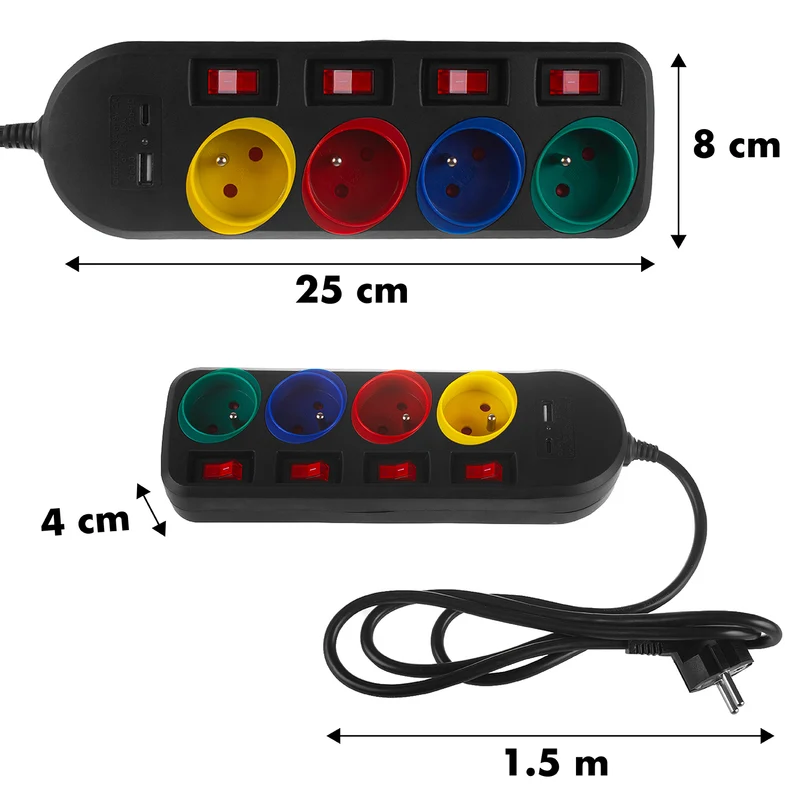 Maclean grenuttag, förlängningskabel 4 uttag + USB A/C, med brytare, 250VAC/10A, 1,5m, svart, MCE508 B