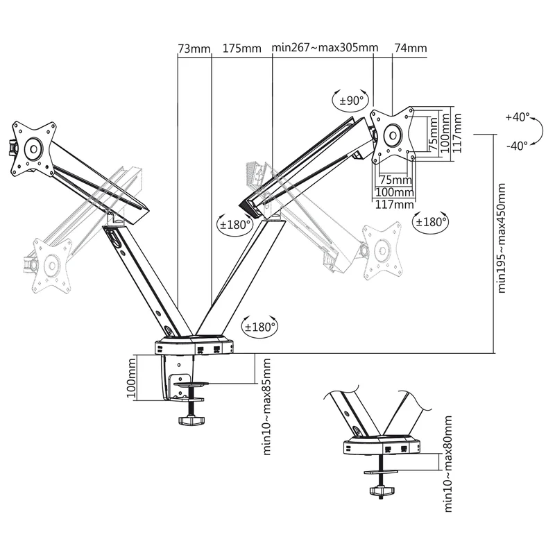 NanoRS RS887 spelhandtag för 2 LCD-skärmar 17-32 "2x 8 kg (max 16 kg) vesa 75x75 och 100x100