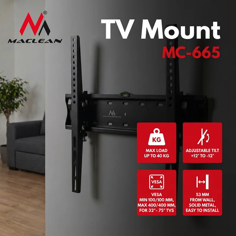 Maclean TV-fäste, max VESA 400x400, 32-75", upp till 40 kg, svart, MC-665