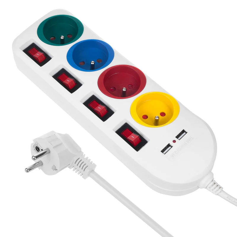 Maclean Strömställare Förlängningskabel Med 4 Uttag + 2xUSB Med Strömbrytare 250VAC/10A, 2.1A 5V, 1.5m