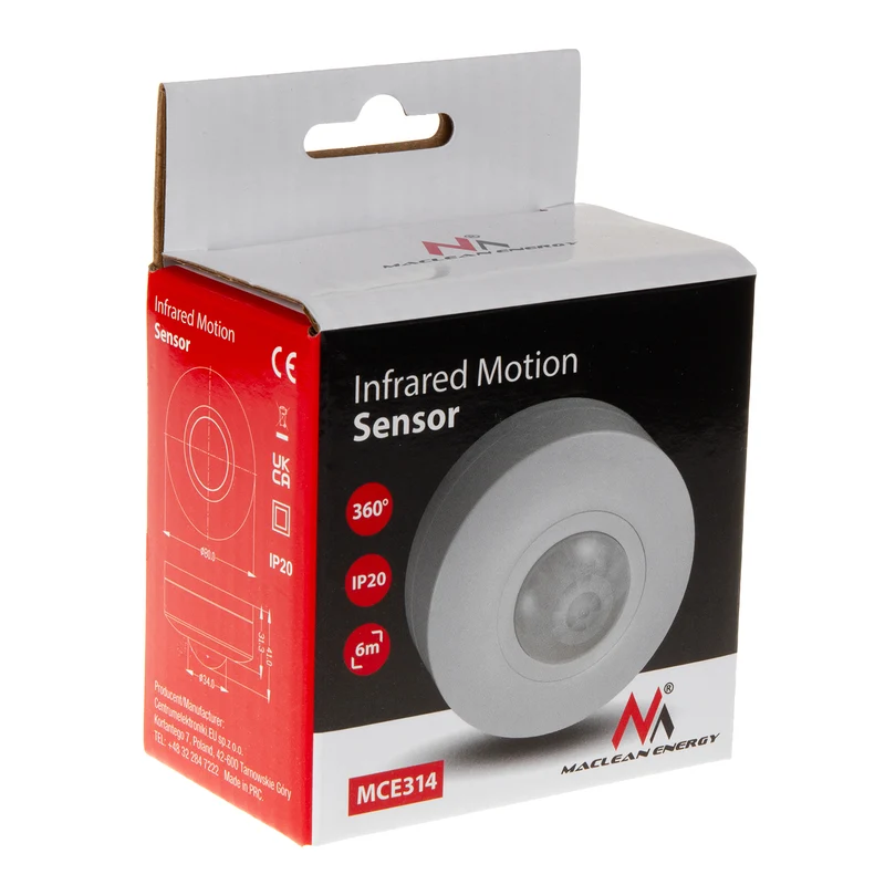 Maclean PIR-rörelsedetektor, räckvidd 6 m, tak, max. belastning 1200 W, IP20, MCE314 W