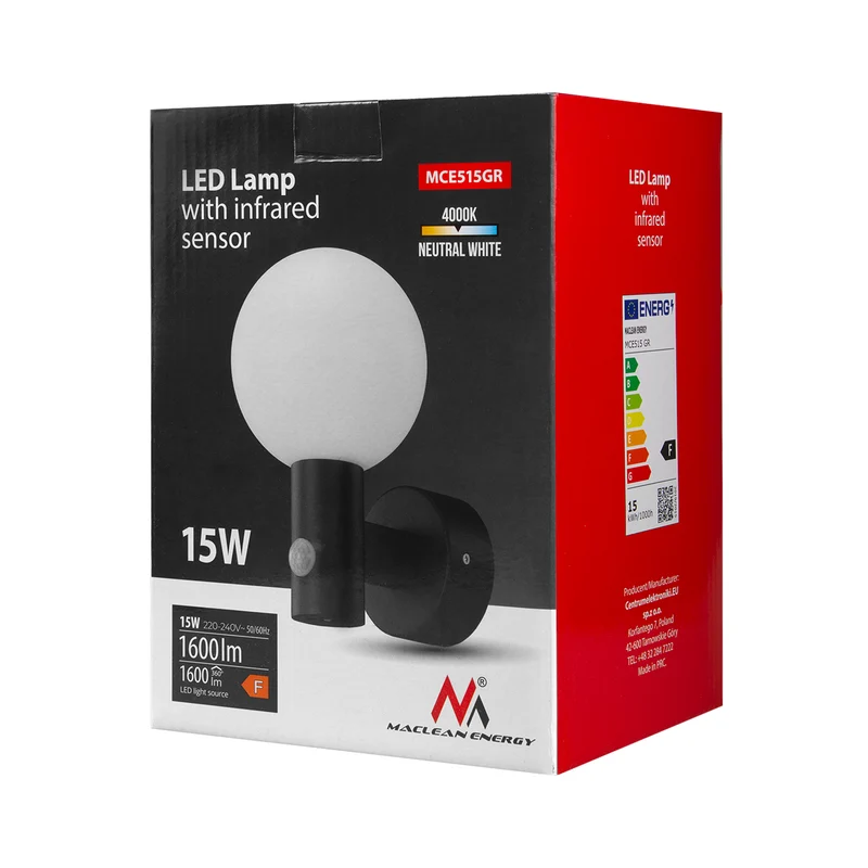 Maclean PIR-rörelsedetektor LED-lampa grå 15W IP65 1600lm 4000K